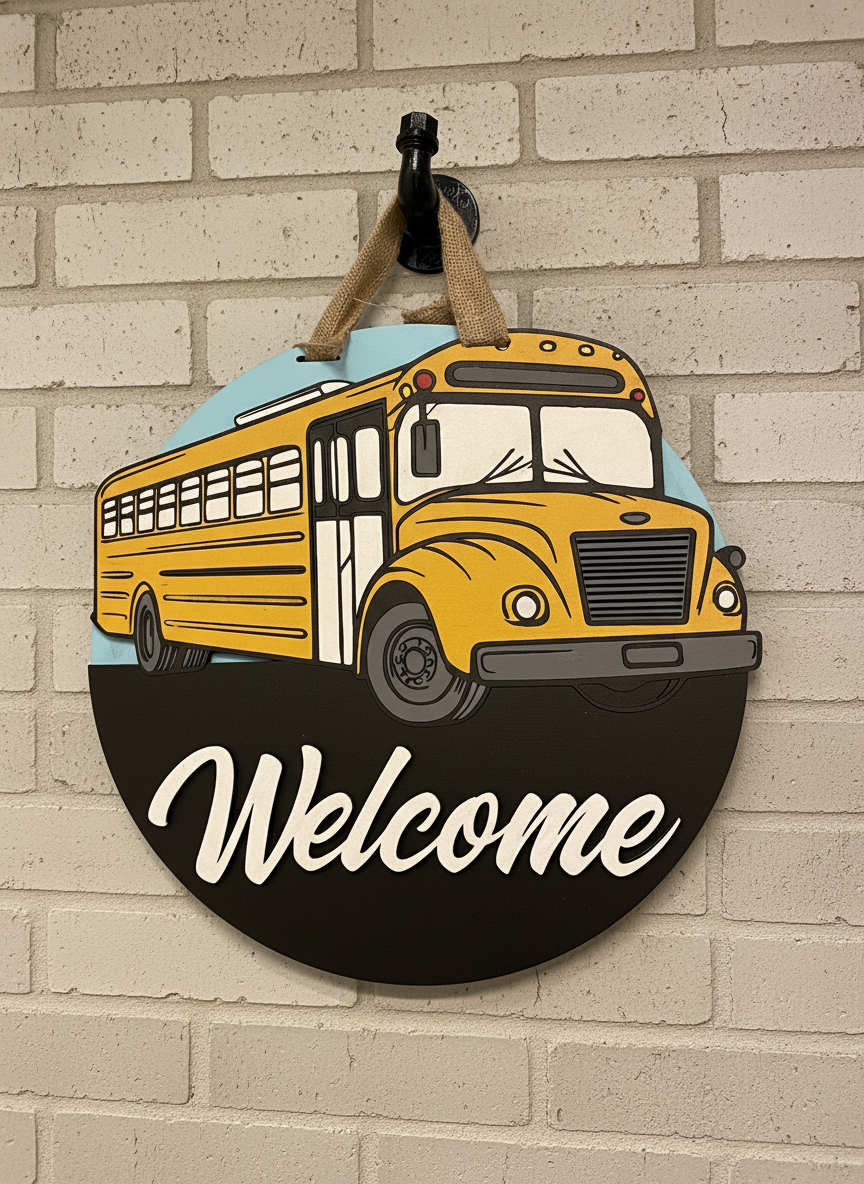 “Welcome Bus” Door Sign – Handcrafted Whimsical School Bus Décor