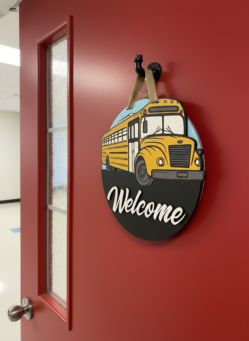 “Welcome Bus” Door Sign – Handcrafted Whimsical School Bus Décor