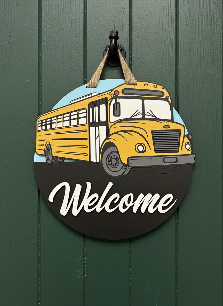 “Welcome Bus” Door Sign – Handcrafted Whimsical School Bus Décor