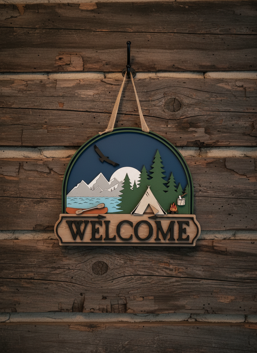 Welcome Camping Scene Door Hanger – 3D Outdoor Wood Decor | Cabin, Lake House & RV Welcome Sign