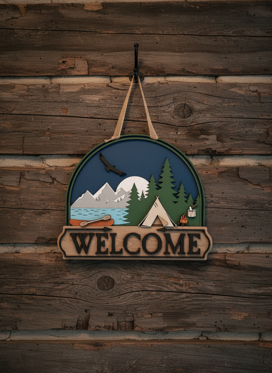 Welcome Camping Scene Door Hanger – 3D Outdoor Wood Decor | Cabin, Lake House & RV Welcome Sign