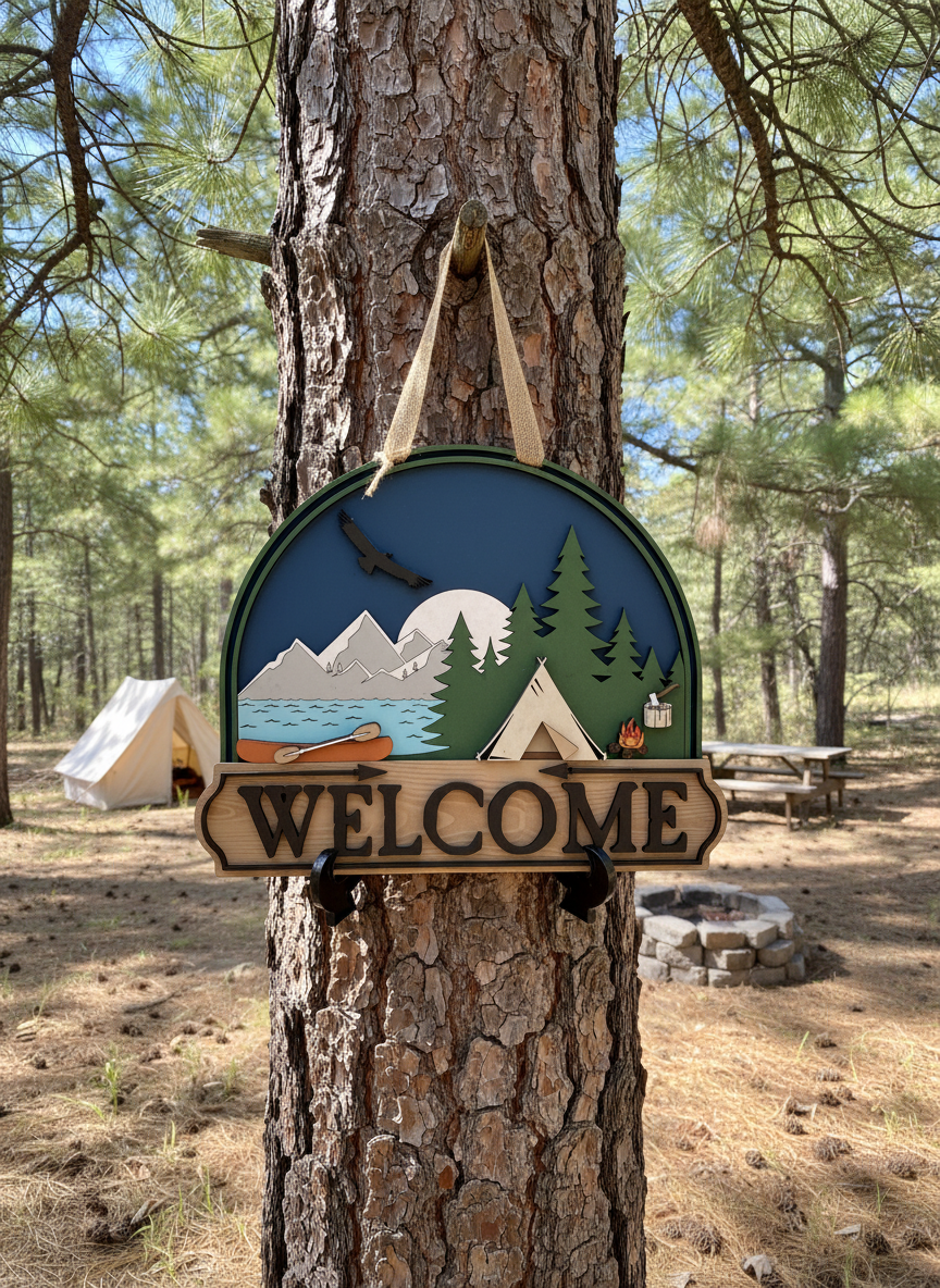Welcome Camping Scene Door Hanger – 3D Outdoor Wood Decor | Cabin, Lake House & RV Welcome Sign