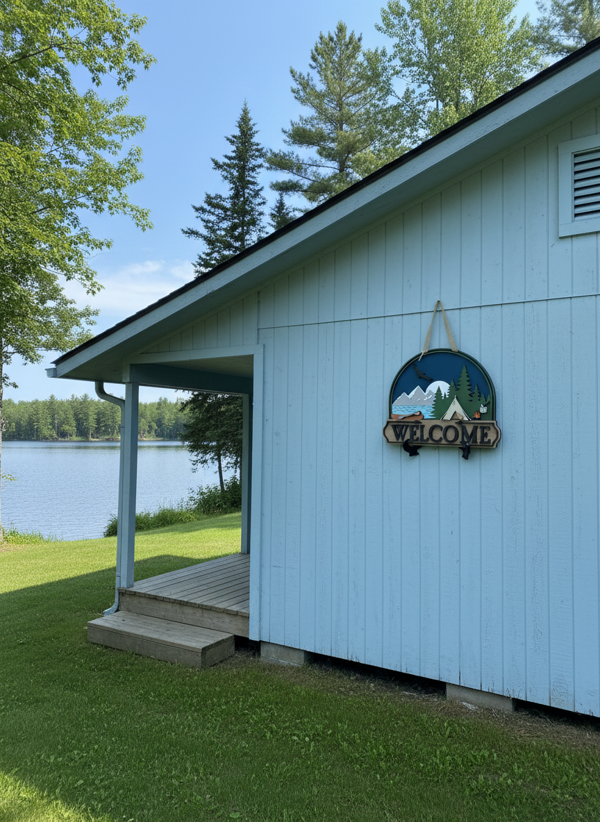 Welcome Camping Scene Door Hanger – 3D Outdoor Wood Decor | Cabin, Lake House & RV Welcome Sign