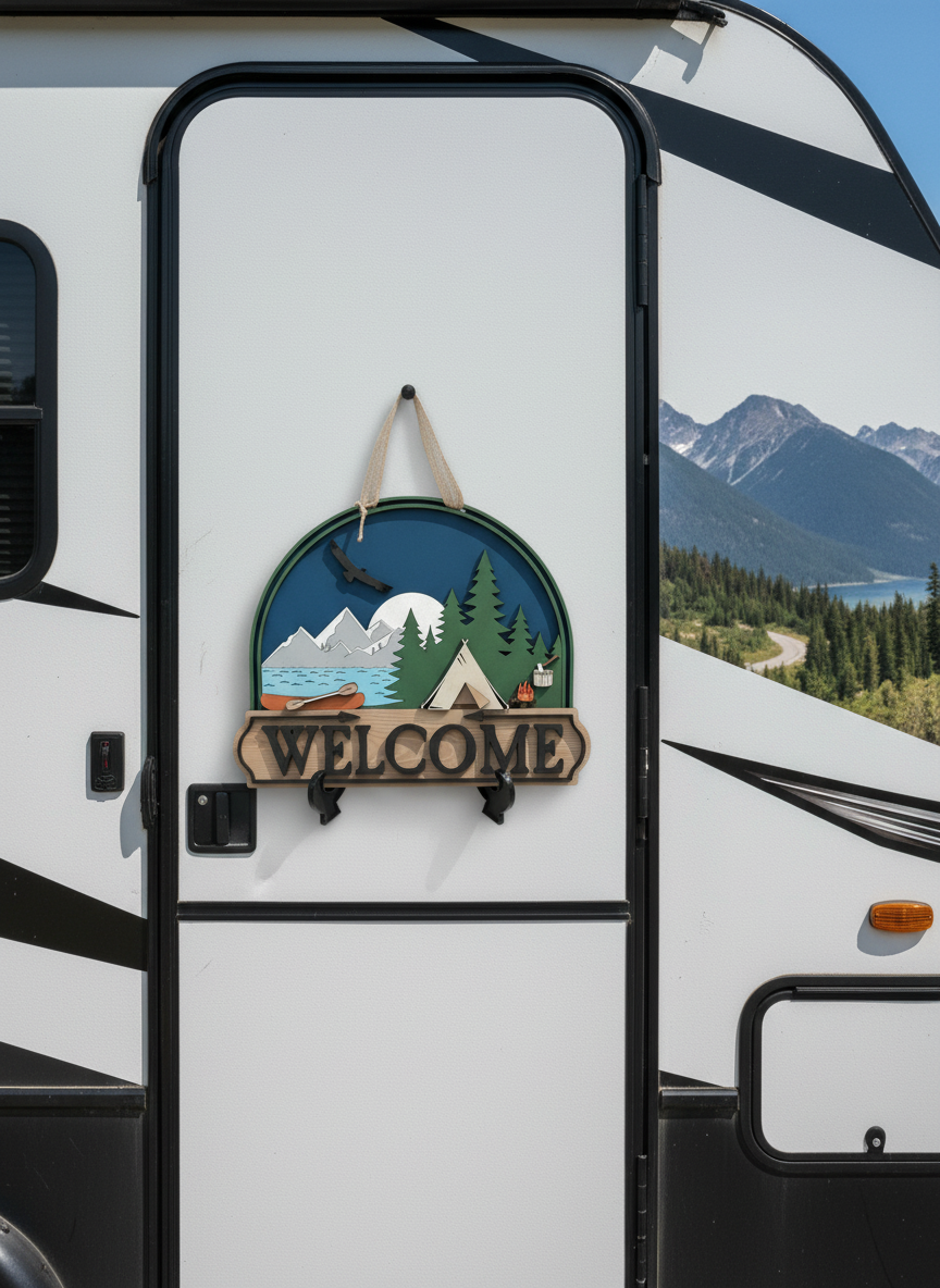 Welcome Camping Scene Door Hanger – 3D Outdoor Wood Decor | Cabin, Lake House & RV Welcome Sign