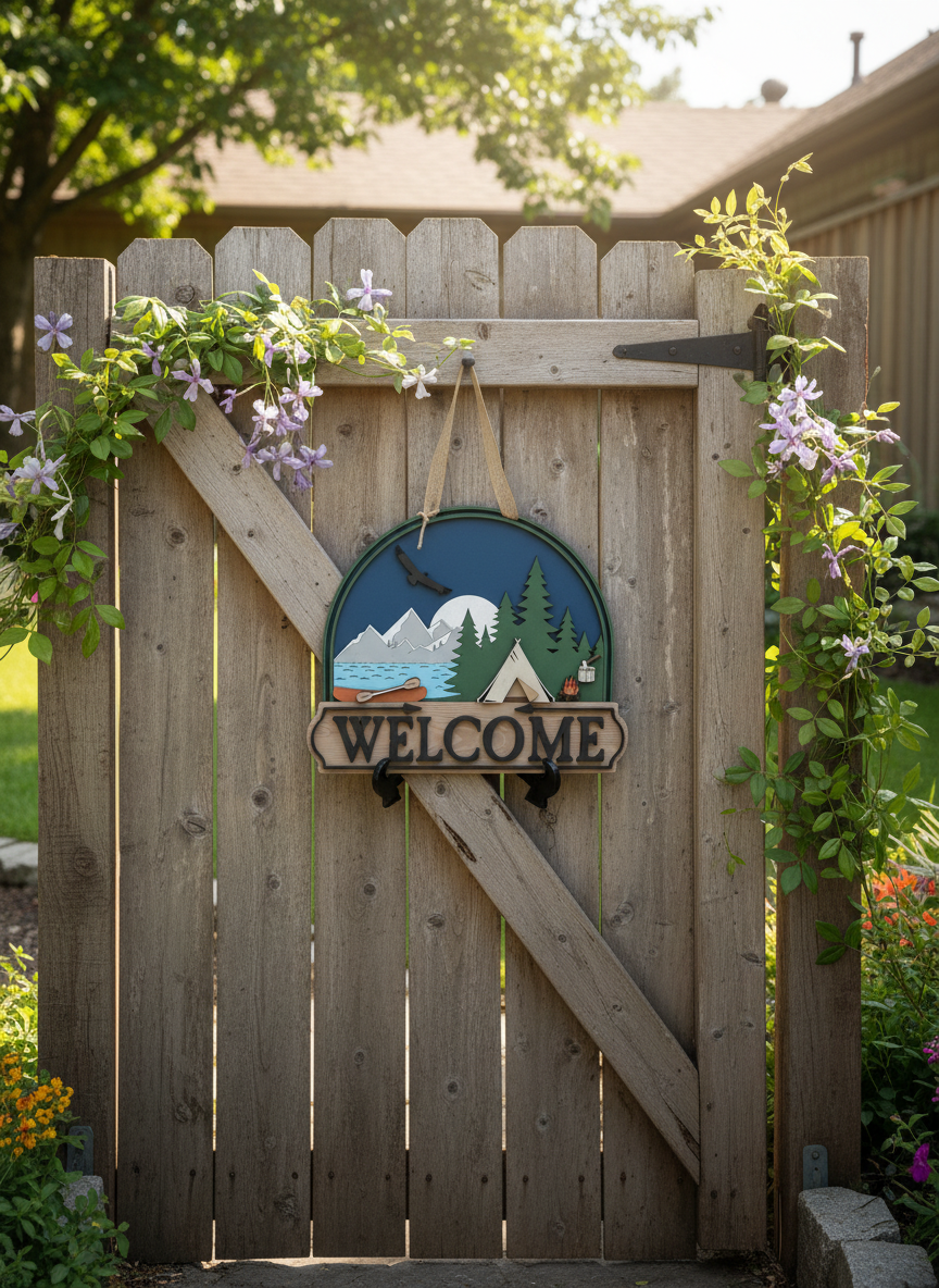 Welcome Camping Scene Door Hanger – 3D Outdoor Wood Decor | Cabin, Lake House & RV Welcome Sign