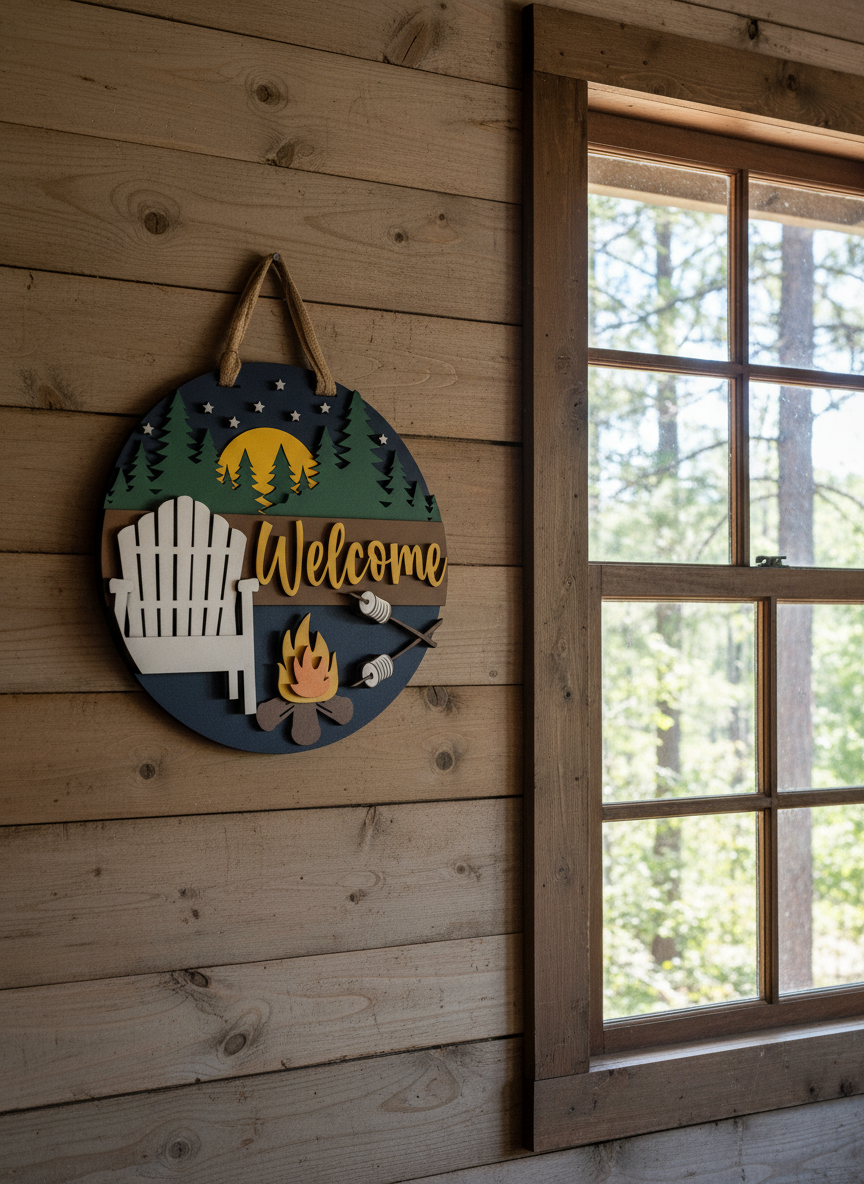 "Welcome" Campfire Scene Door Sign – Rustic Outdoor Home Decor