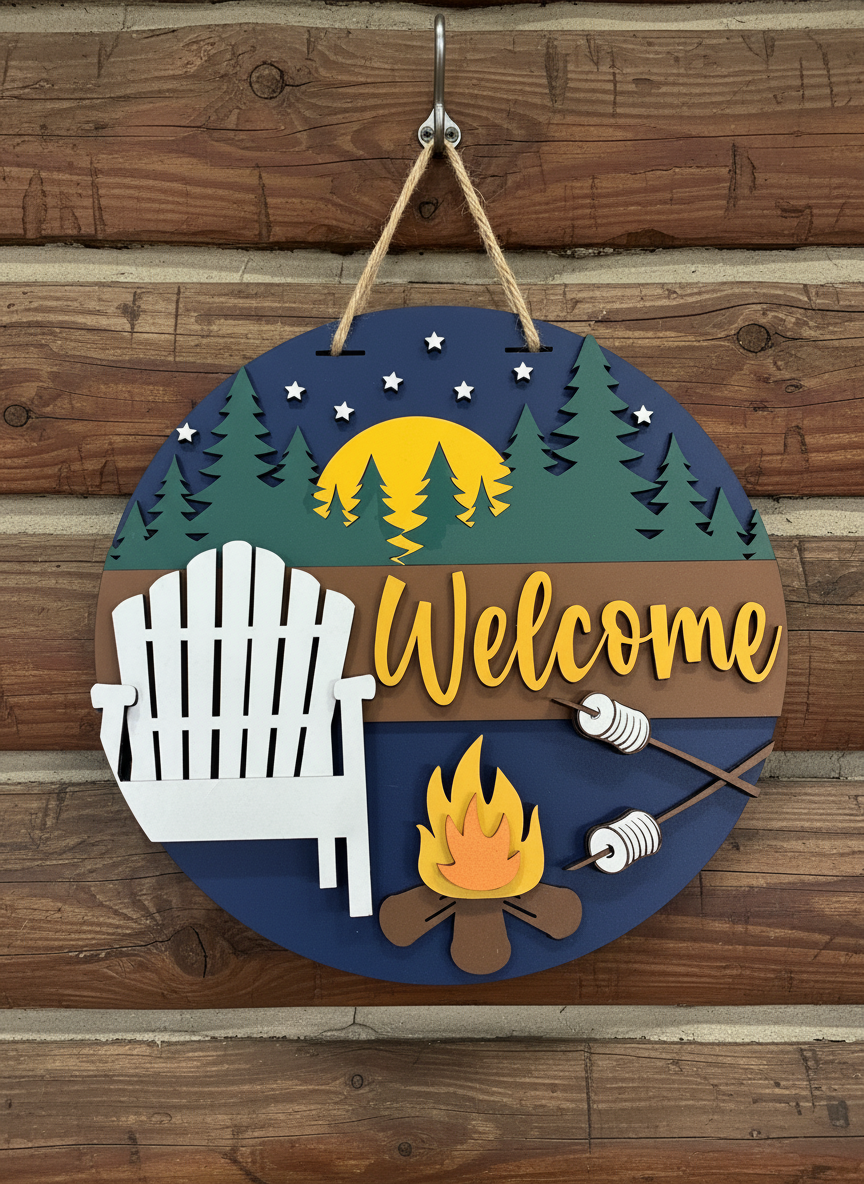 "Welcome" Campfire Scene Door Sign – Rustic Outdoor Home Decor