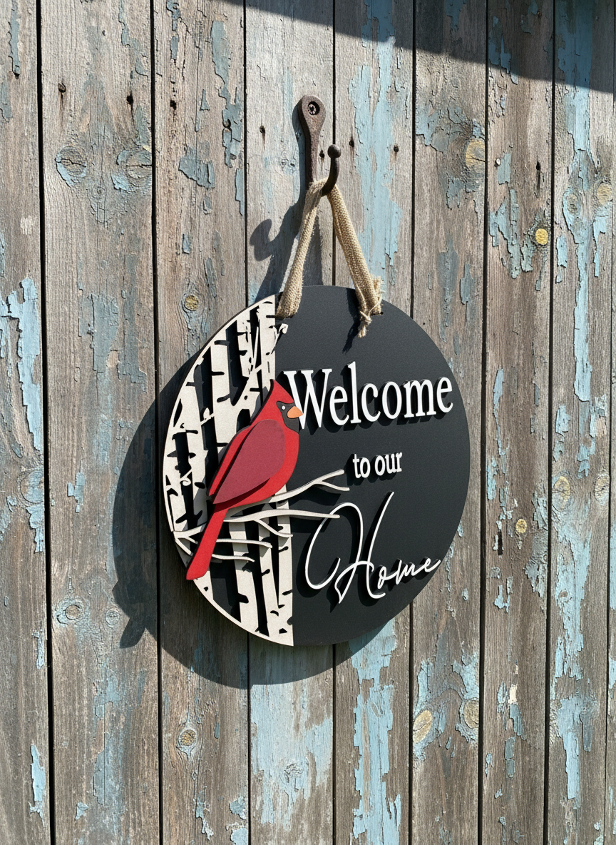 Welcome to Our Home Cardinal Door Sign – Bird & Nature-Inspired Decor