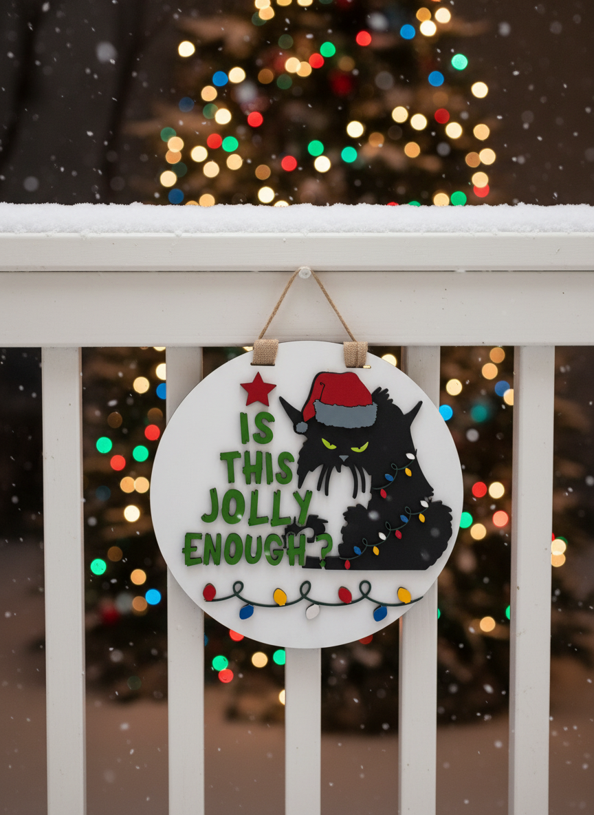 “Is This Jolly Enough?” Black Cat Door Sign – Funny Holiday & Christmas Decor