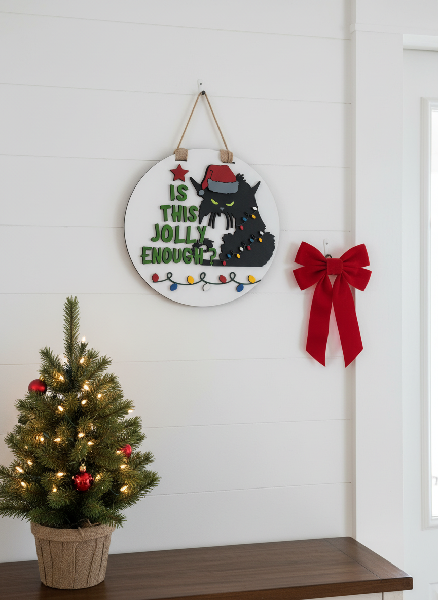“Is This Jolly Enough?” Black Cat Door Sign – Funny Holiday & Christmas Decor