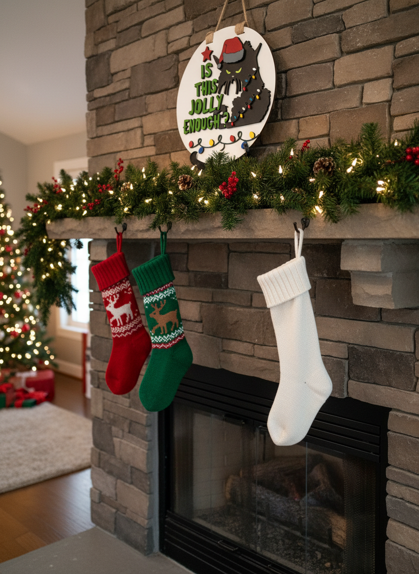 “Is This Jolly Enough?” Black Cat Door Sign – Funny Holiday & Christmas Decor