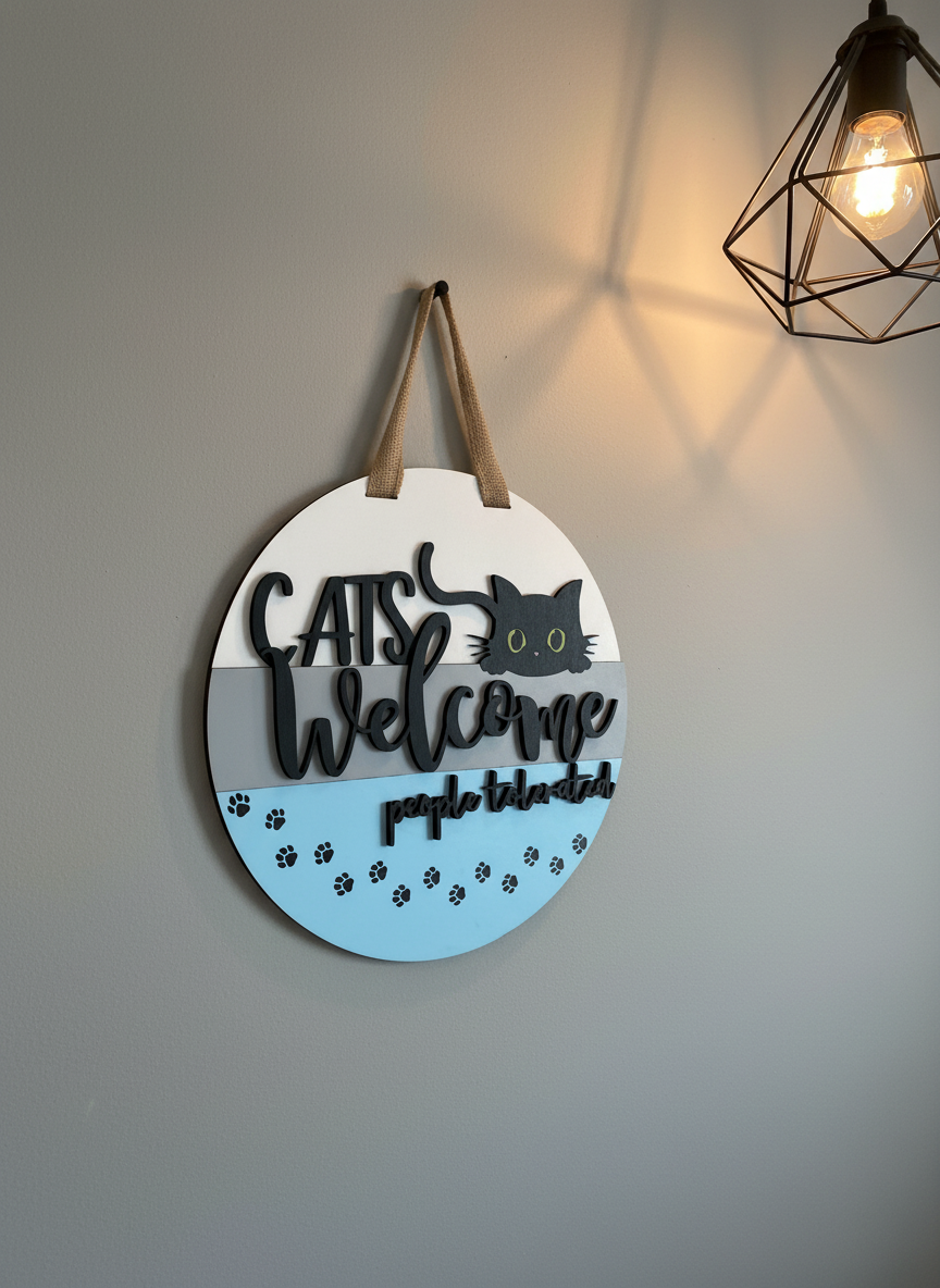 “Cats Welcome, People Tolerated” Door Sign – Funny Cat Lover Front Door Decor