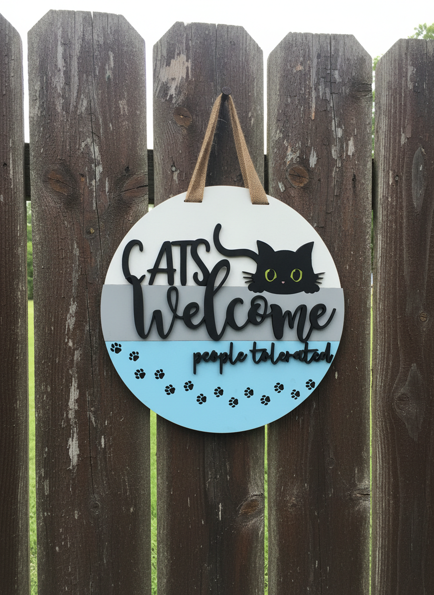 “Cats Welcome, People Tolerated” Door Sign – Funny Cat Lover Front Door Decor