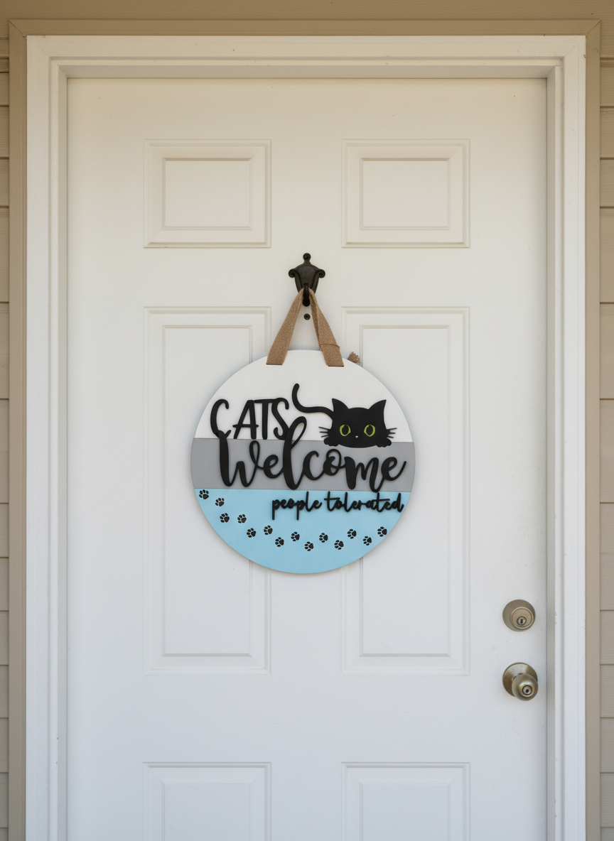 “Cats Welcome, People Tolerated” Door Sign – Funny Cat Lover Front Door Decor