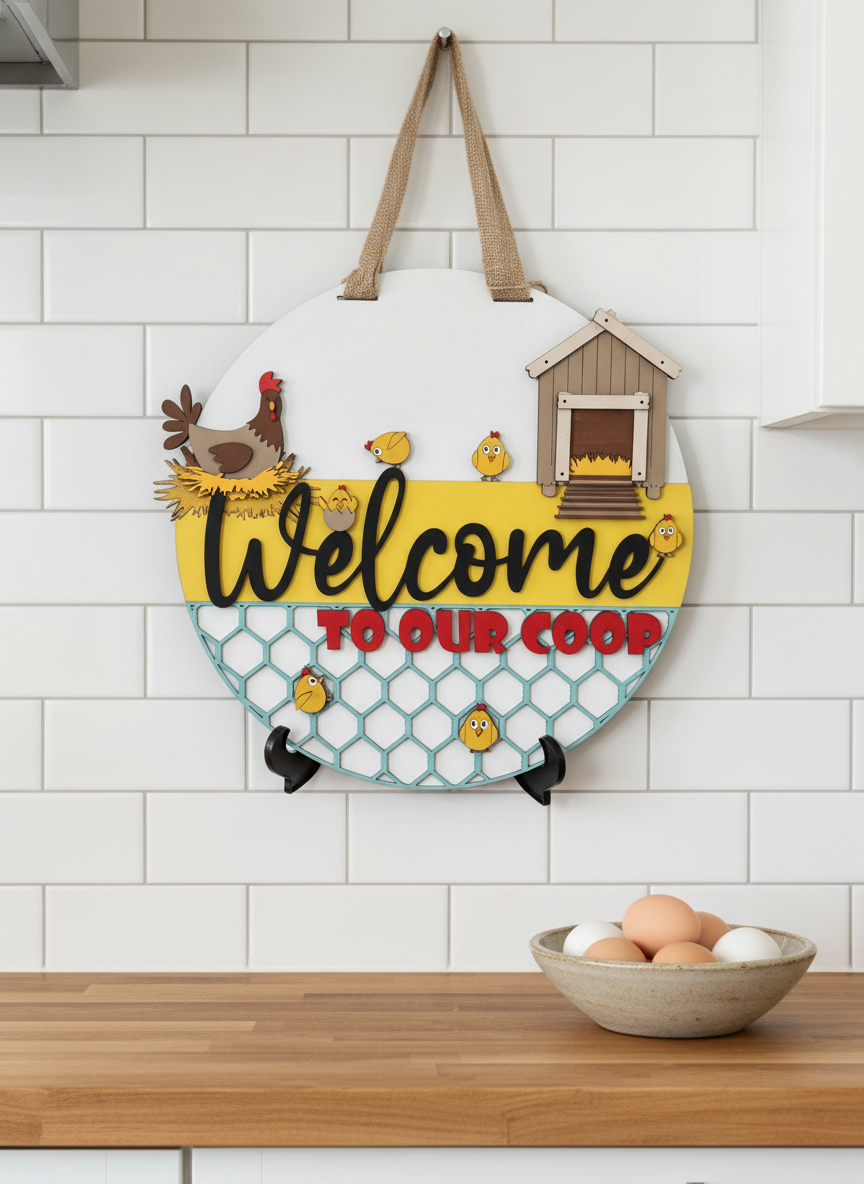 Welcome to Our Coop Hen and Chicks Door Sign