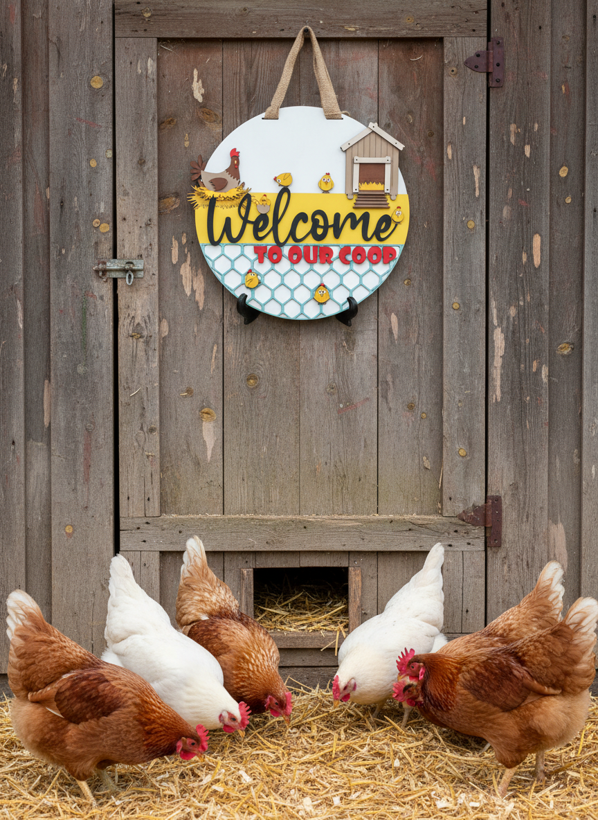 Welcome to Our Coop Hen and Chicks Door Sign