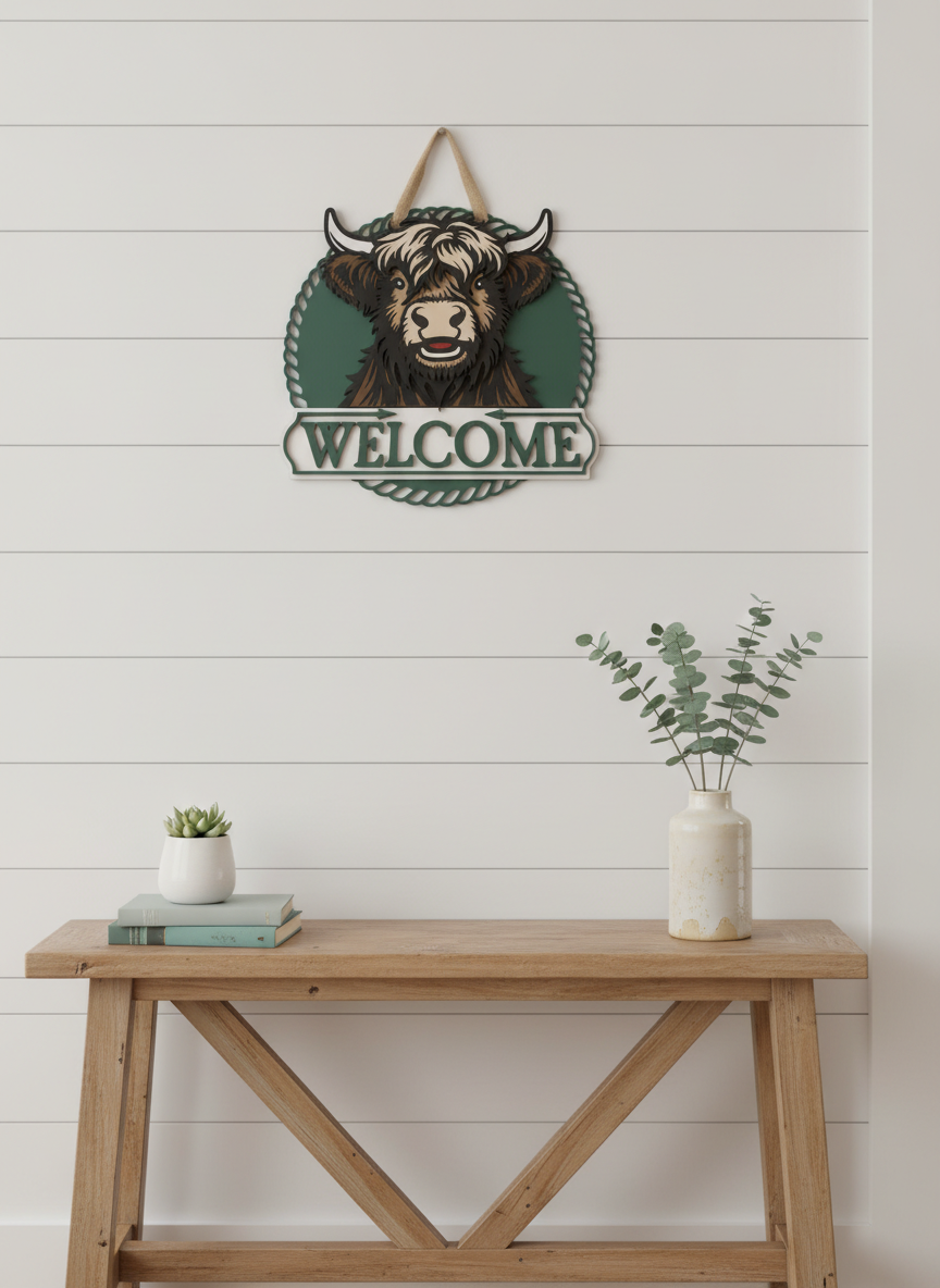 Highland Cow Door Sign – Handcrafted Farmhouse & Rustic Home Décor