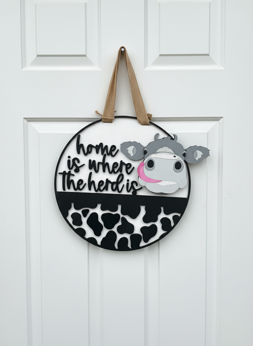 "Home Is Where the Herd Is" Cow Door Sign – Farmhouse and Country Decor