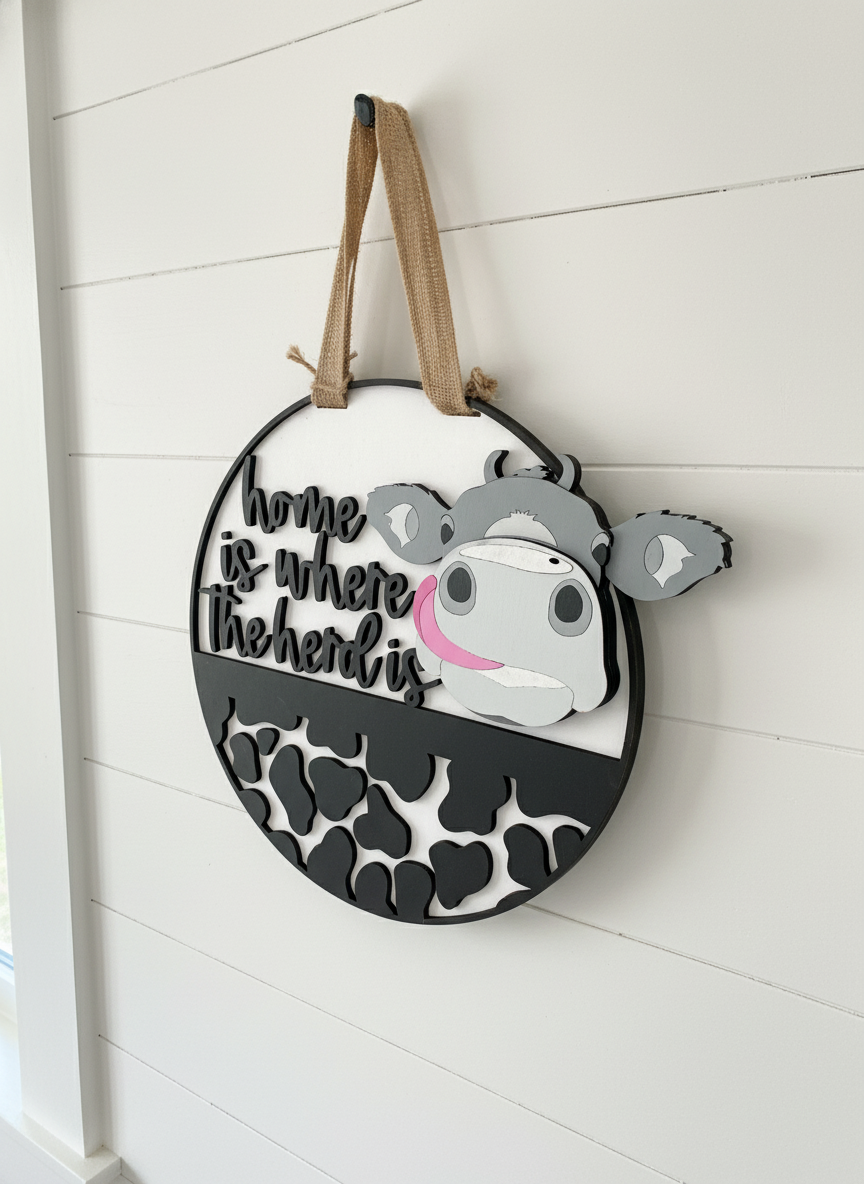 "Home Is Where the Herd Is" Cow Door Sign – Farmhouse and Country Decor