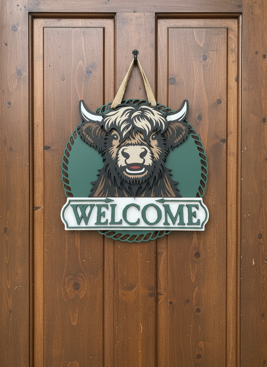 Highland Cow Door Sign – Handcrafted Farmhouse & Rustic Home Décor