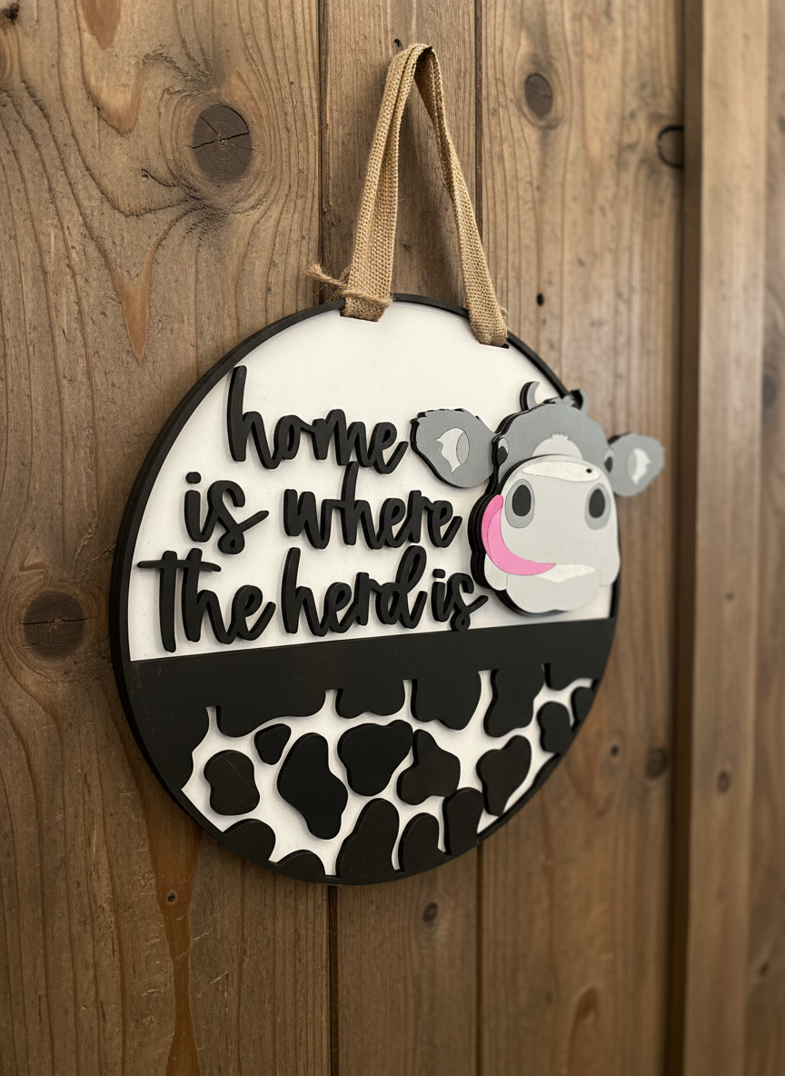 "Home Is Where the Herd Is" Cow Door Sign – Farmhouse and Country Decor