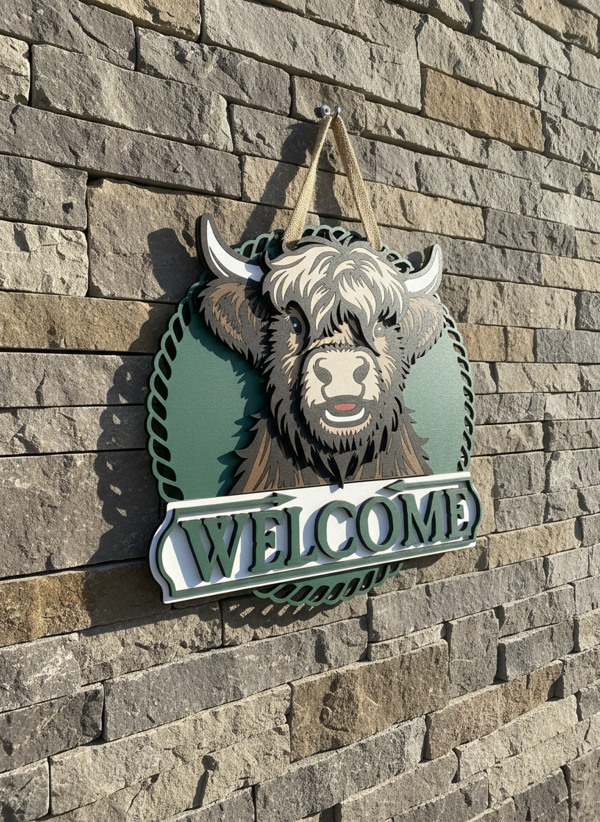 Highland Cow Door Sign – Handcrafted Farmhouse & Rustic Home Décor
