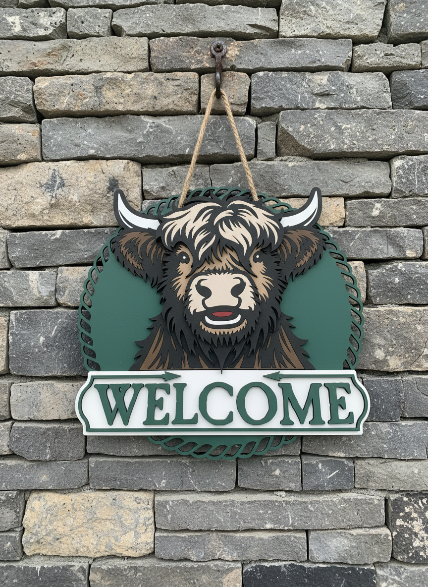 Highland Cow Door Sign – Handcrafted Farmhouse & Rustic Home Décor