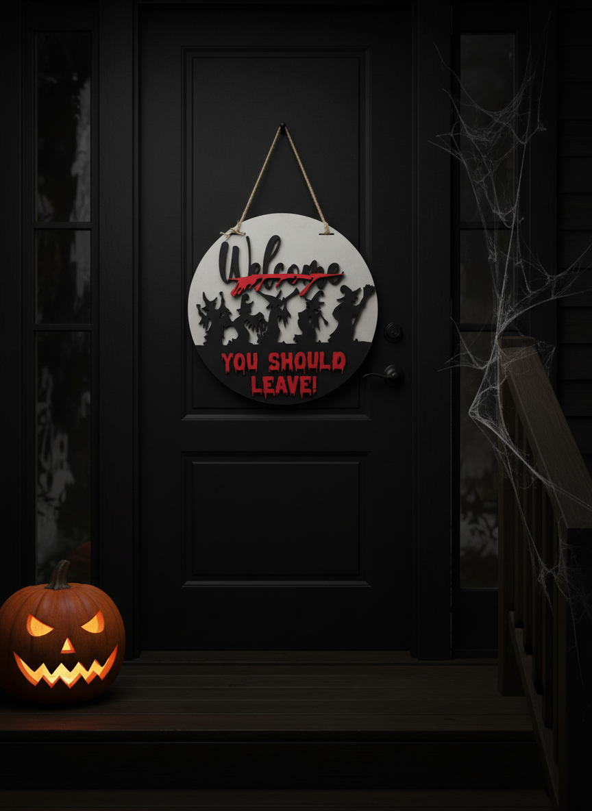 “Welcome, You Should Leave” Witches Door Sign – Funny Halloween Home Decor