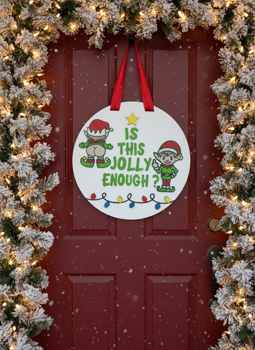 “Is This Jolly Enough?” Christmas Elf Door Sign – Handcrafted Holiday Décor
