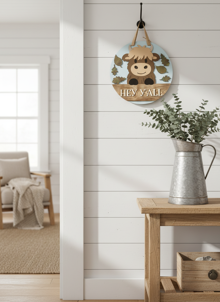 Highland Cow Hey Y’all Door Hanger – 3D Wood Farmhouse Fall Welcome Sign