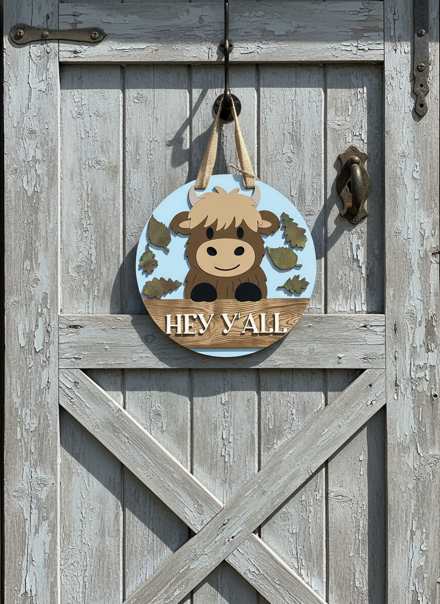 Highland Cow Hey Y’all Door Hanger – 3D Wood Farmhouse Fall Welcome Sign