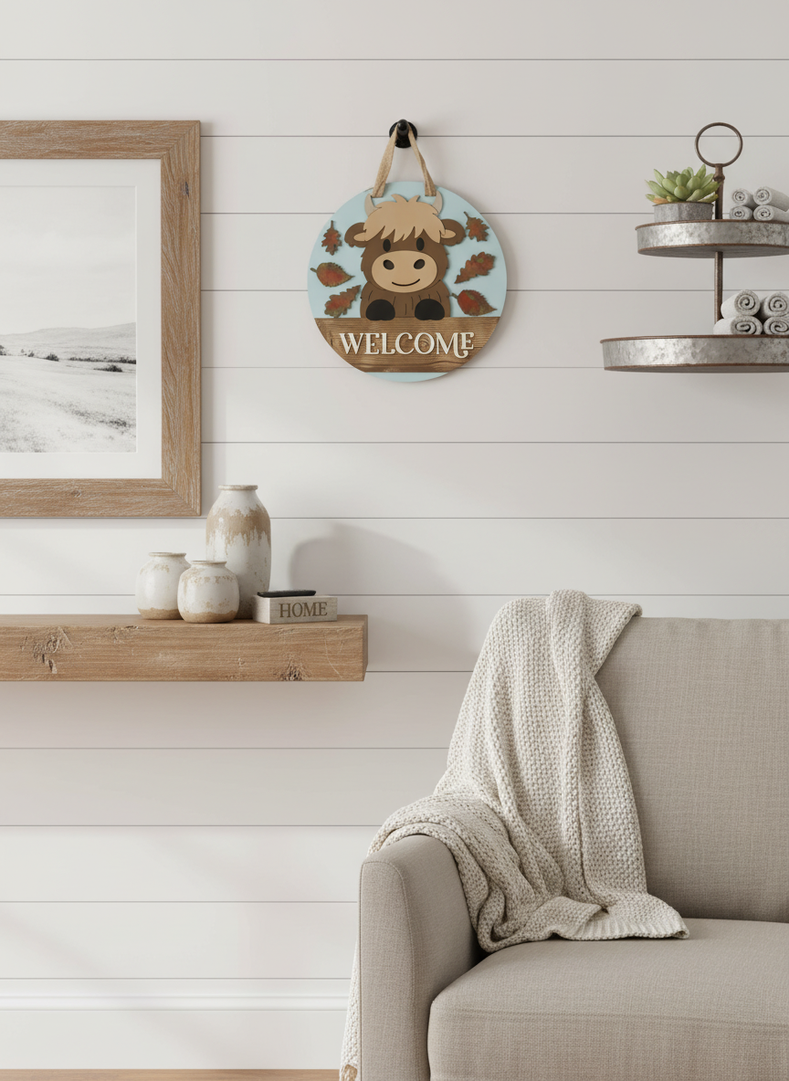Highland Cow Welcome Door Hanger – 3D Wood Farmhouse Fall Front Door Sign