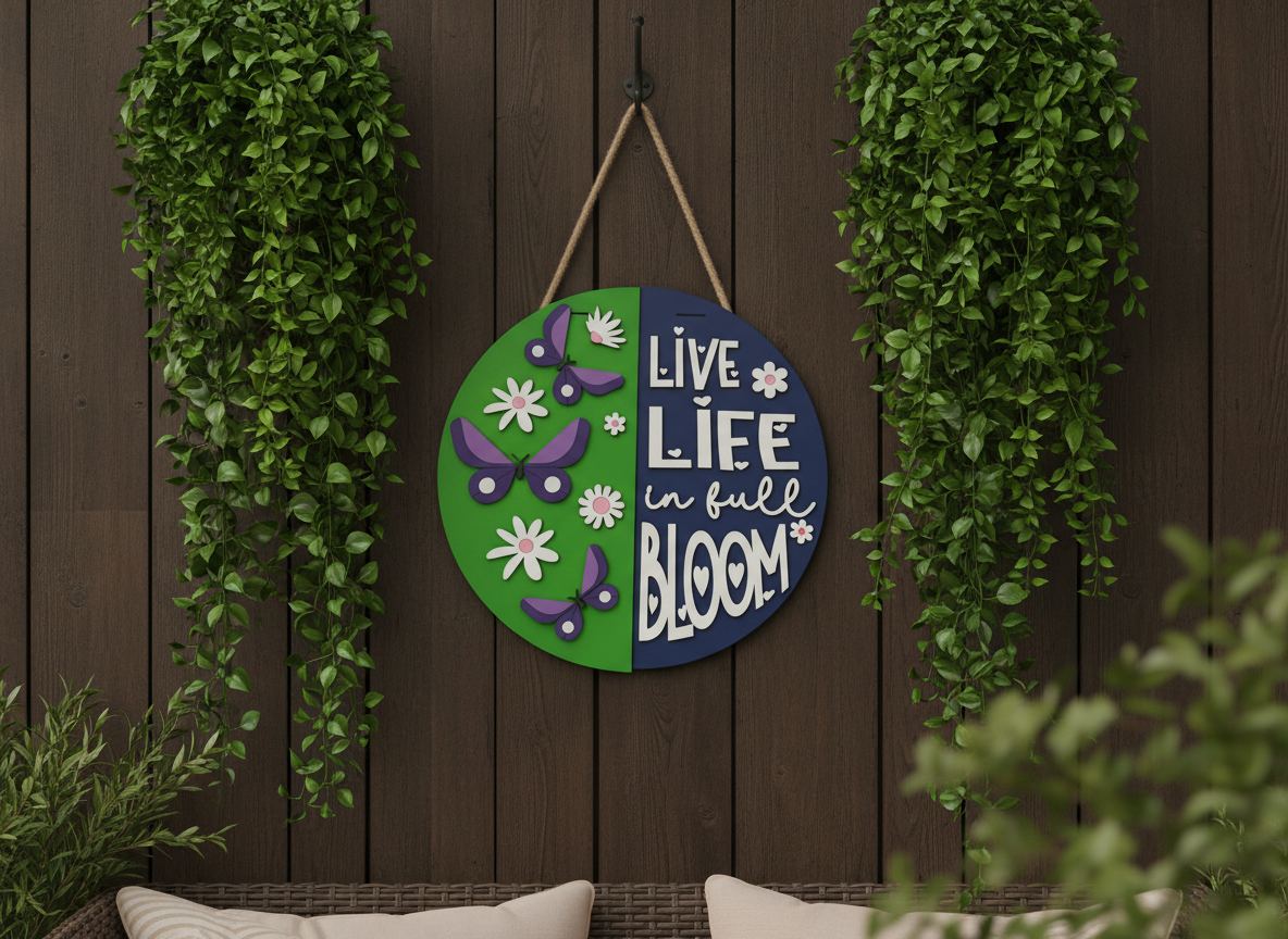 “Live Life in Full Bloom” Door Sign – Handcrafted Floral & Butterfly Home Décor