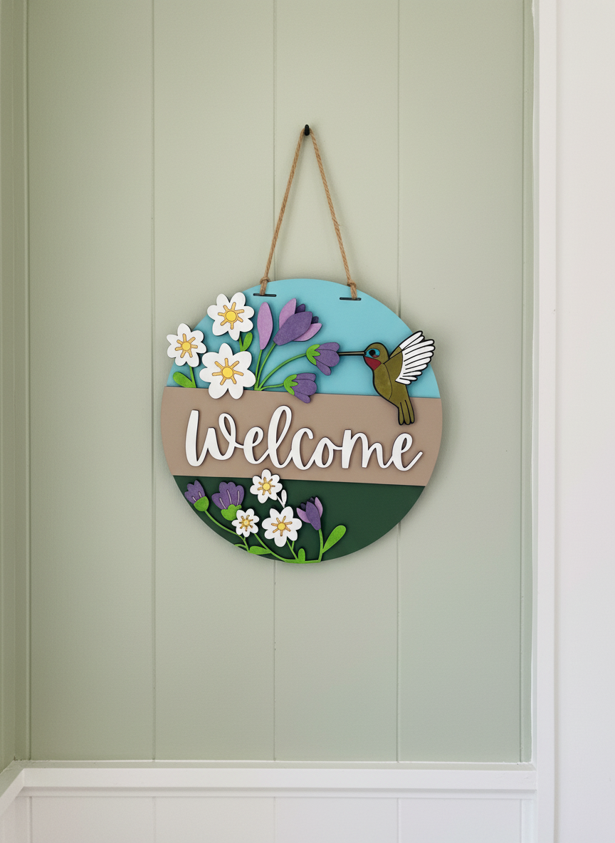 Hummingbird “Welcome” Door Sign – Nature-Inspired Indoor & Outdoor Home Décor