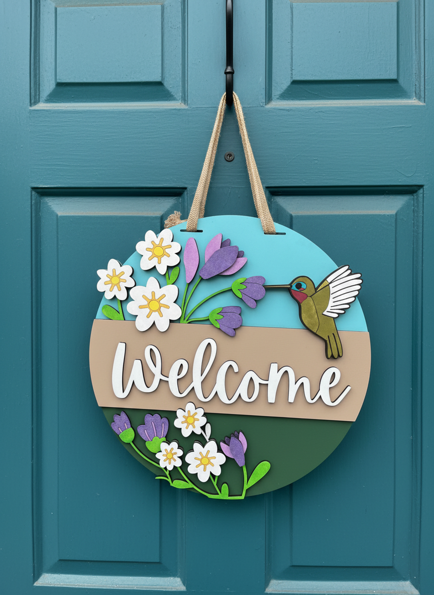 Hummingbird “Welcome” Door Sign – Nature-Inspired Indoor & Outdoor Home Décor