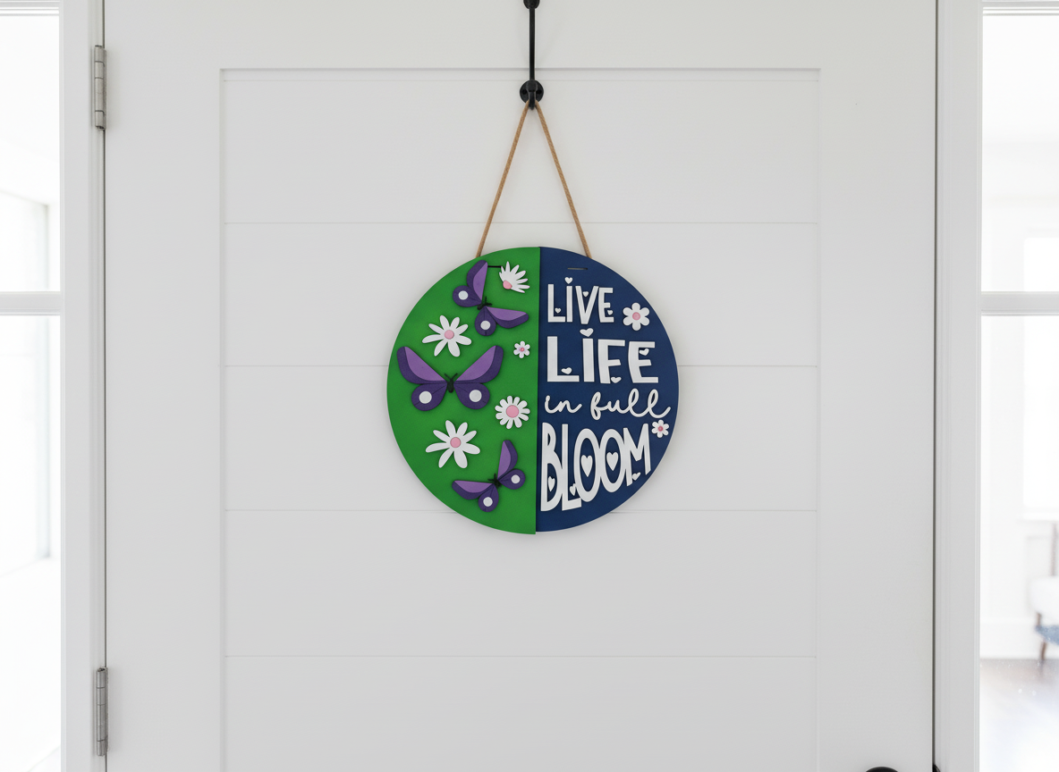 “Live Life in Full Bloom” Door Sign – Handcrafted Floral & Butterfly Home Décor