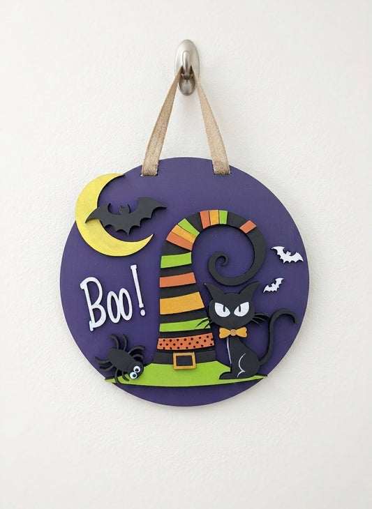 "Boo" Witches Hat and Black Cat Door Sign – Halloween Front Door Decor