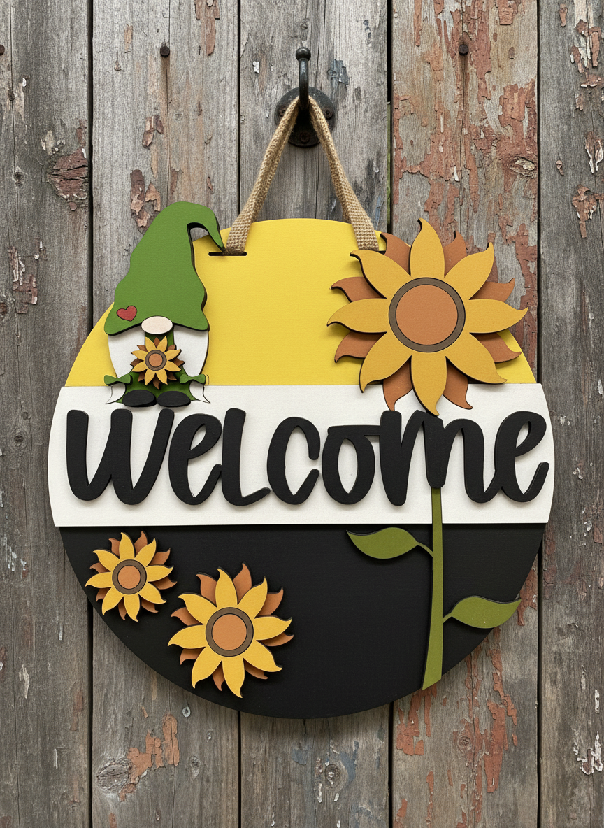 Welcome Gnome Sunflower Door Sign – Handcrafted Whimsical Home & Garden Décor