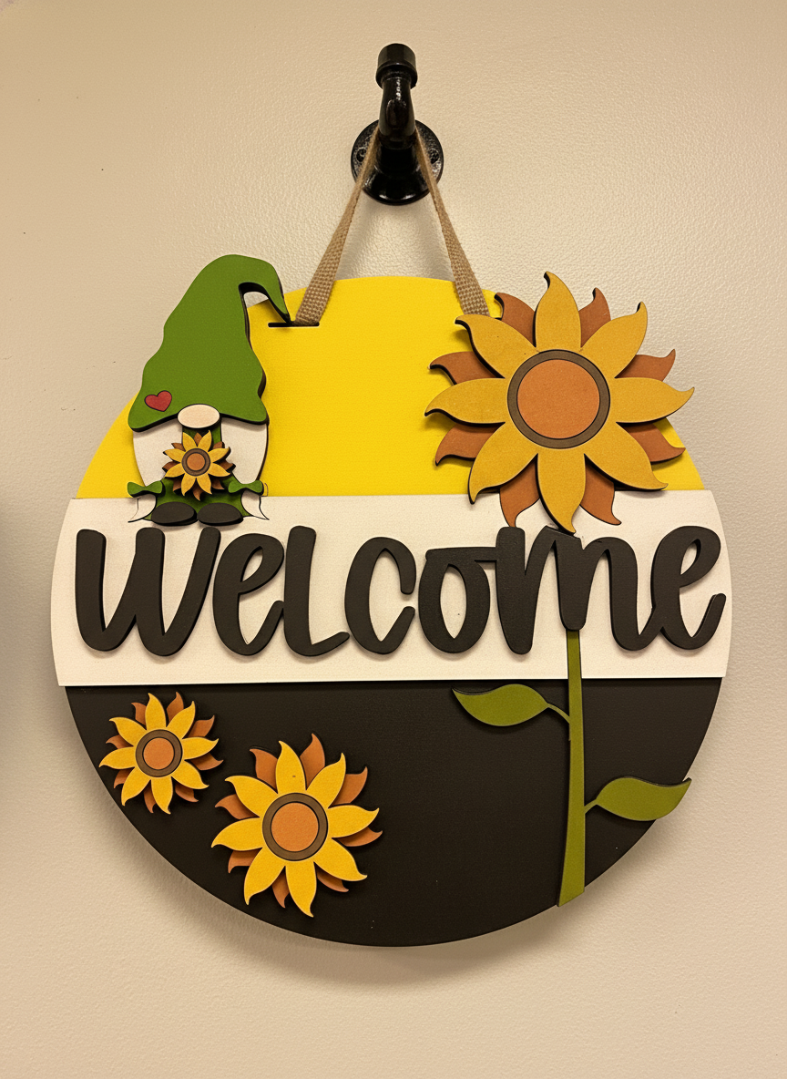 Welcome Gnome Sunflower Door Sign – Handcrafted Whimsical Home & Garden Décor