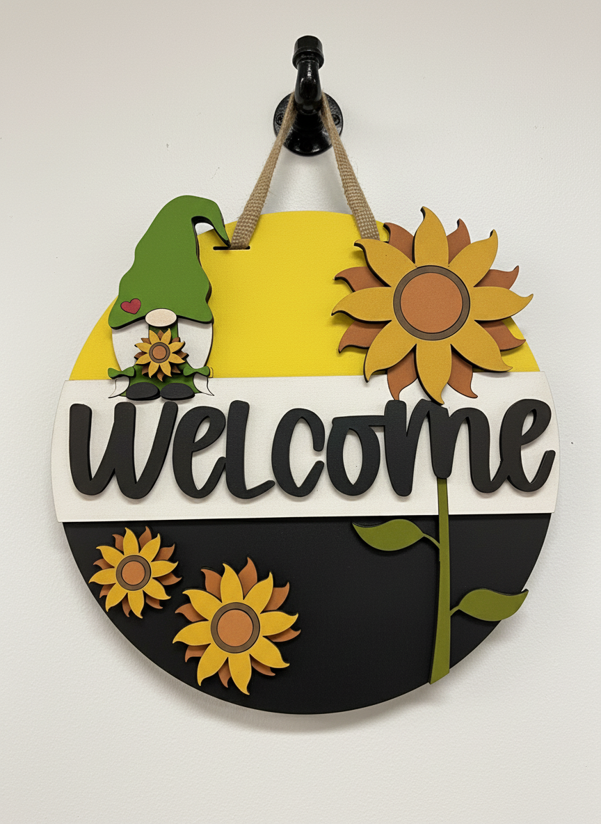 Welcome Gnome Sunflower Door Sign – Handcrafted Whimsical Home & Garden Décor