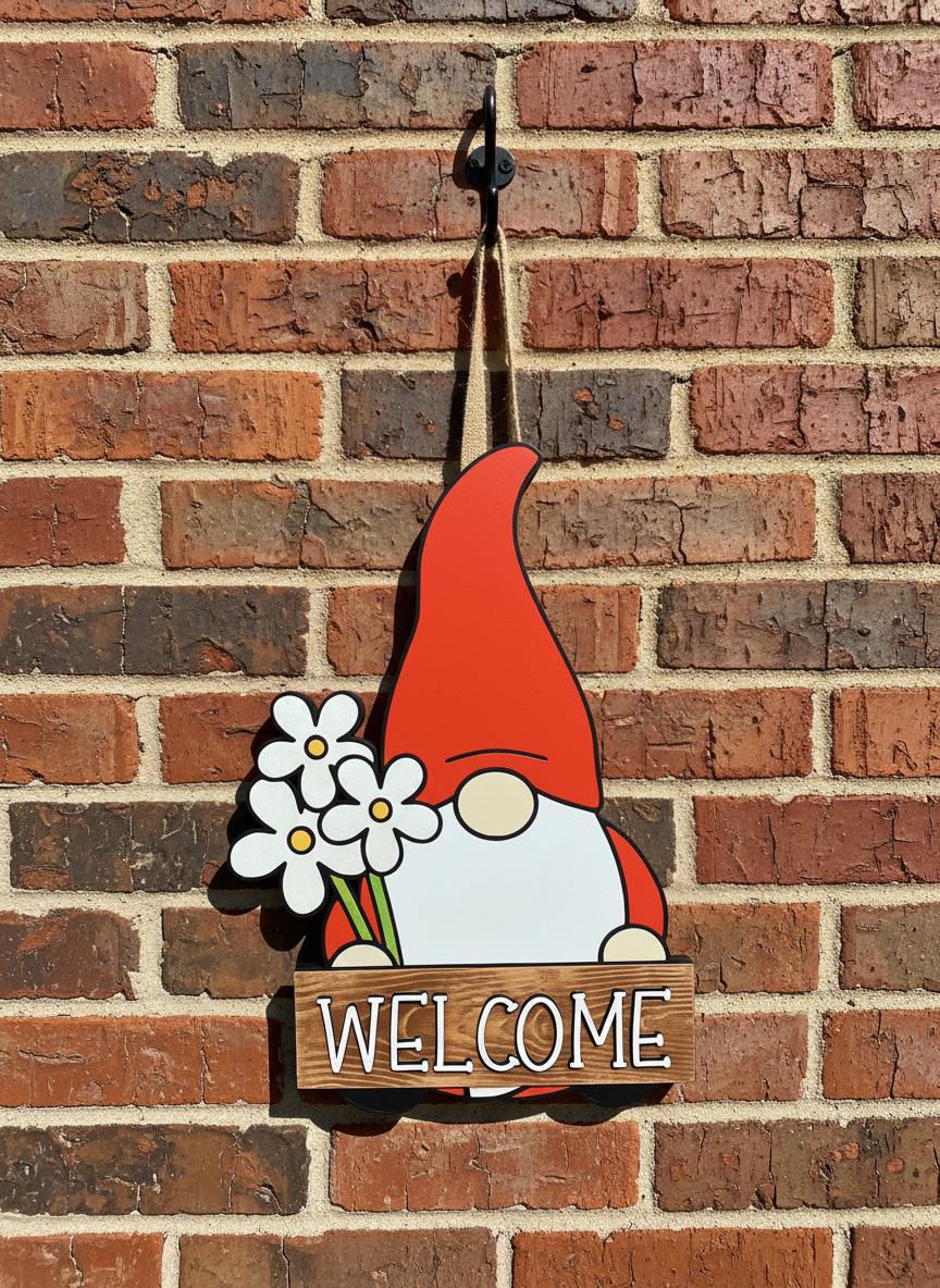 Gnome Flower “Welcome” Door Sign – Handcrafted Whimsical Home & Garden Décor