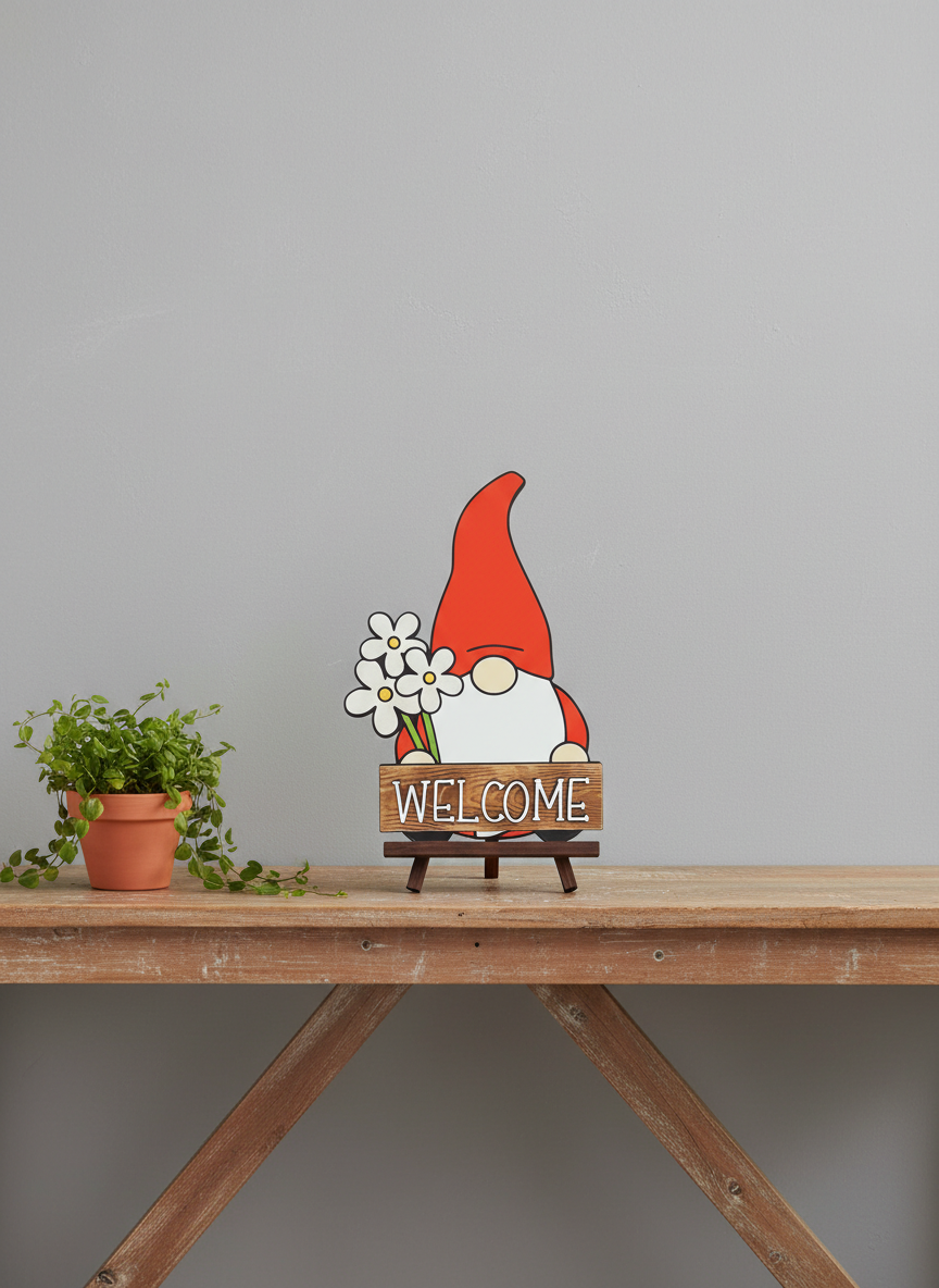 Gnome Flower “Welcome” Door Sign – Handcrafted Whimsical Home & Garden Décor