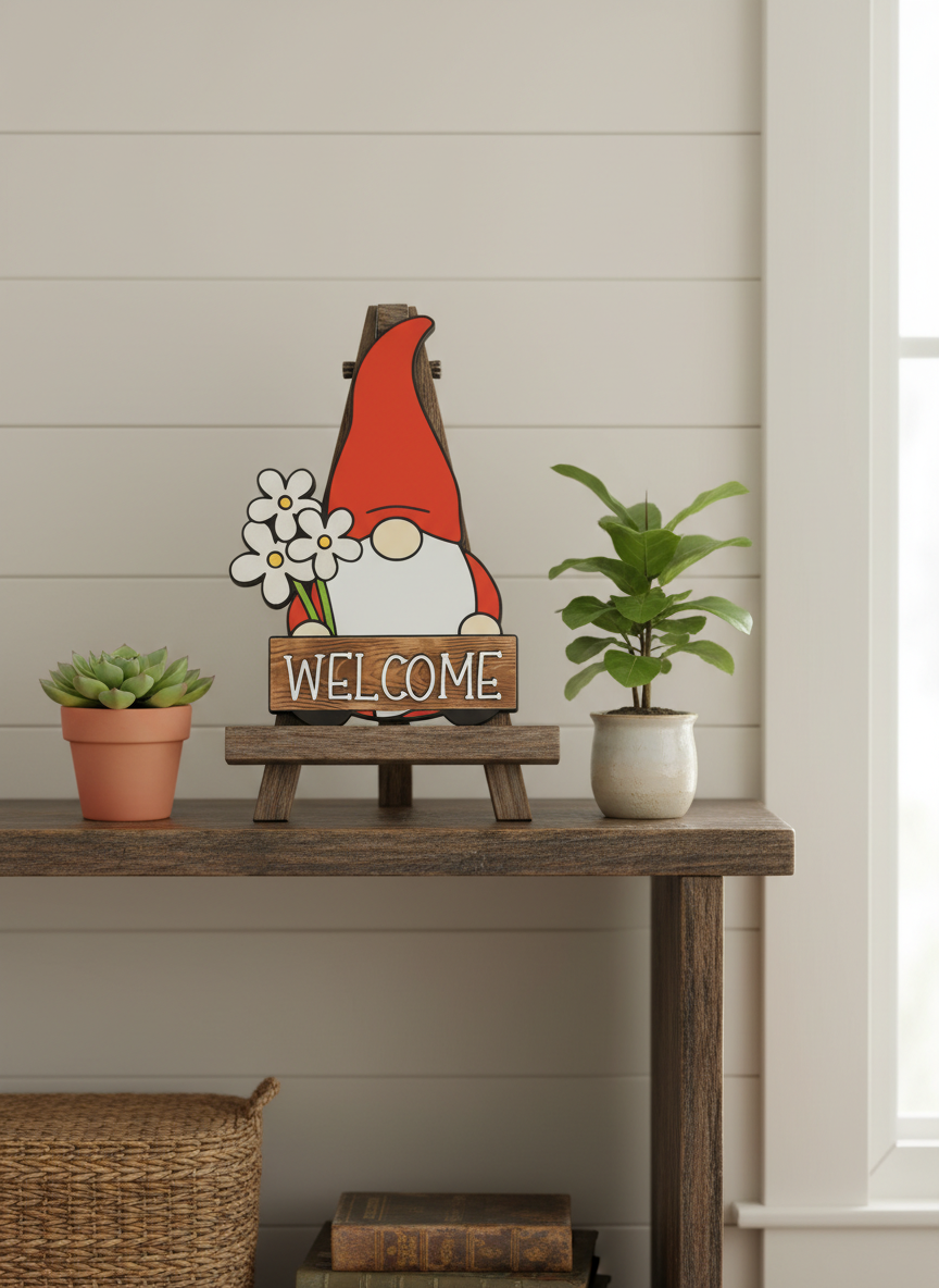 Gnome Flower “Welcome” Door Sign – Handcrafted Whimsical Home & Garden Décor