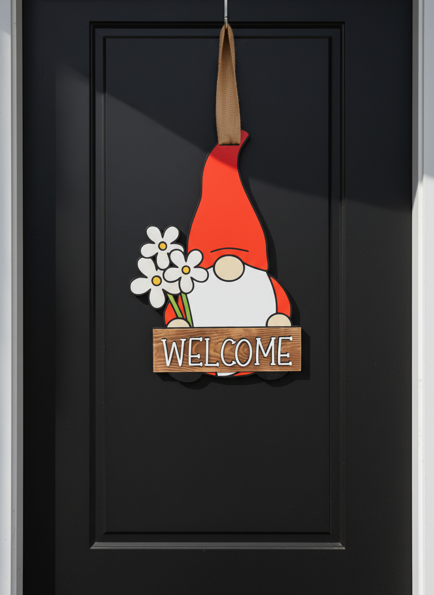 Gnome Flower “Welcome” Door Sign – Handcrafted Whimsical Home & Garden Décor