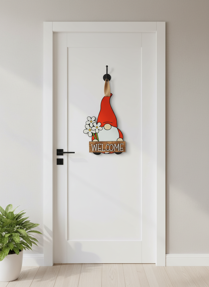 Gnome Flower “Welcome” Door Sign – Handcrafted Whimsical Home & Garden Décor