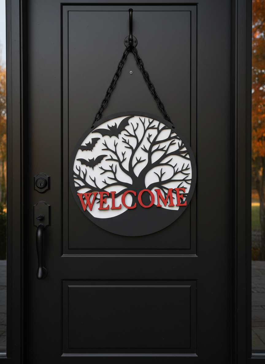 "Welcome" Spooky Tree and Bats Door Sign – Halloween & Gothic Home Decor