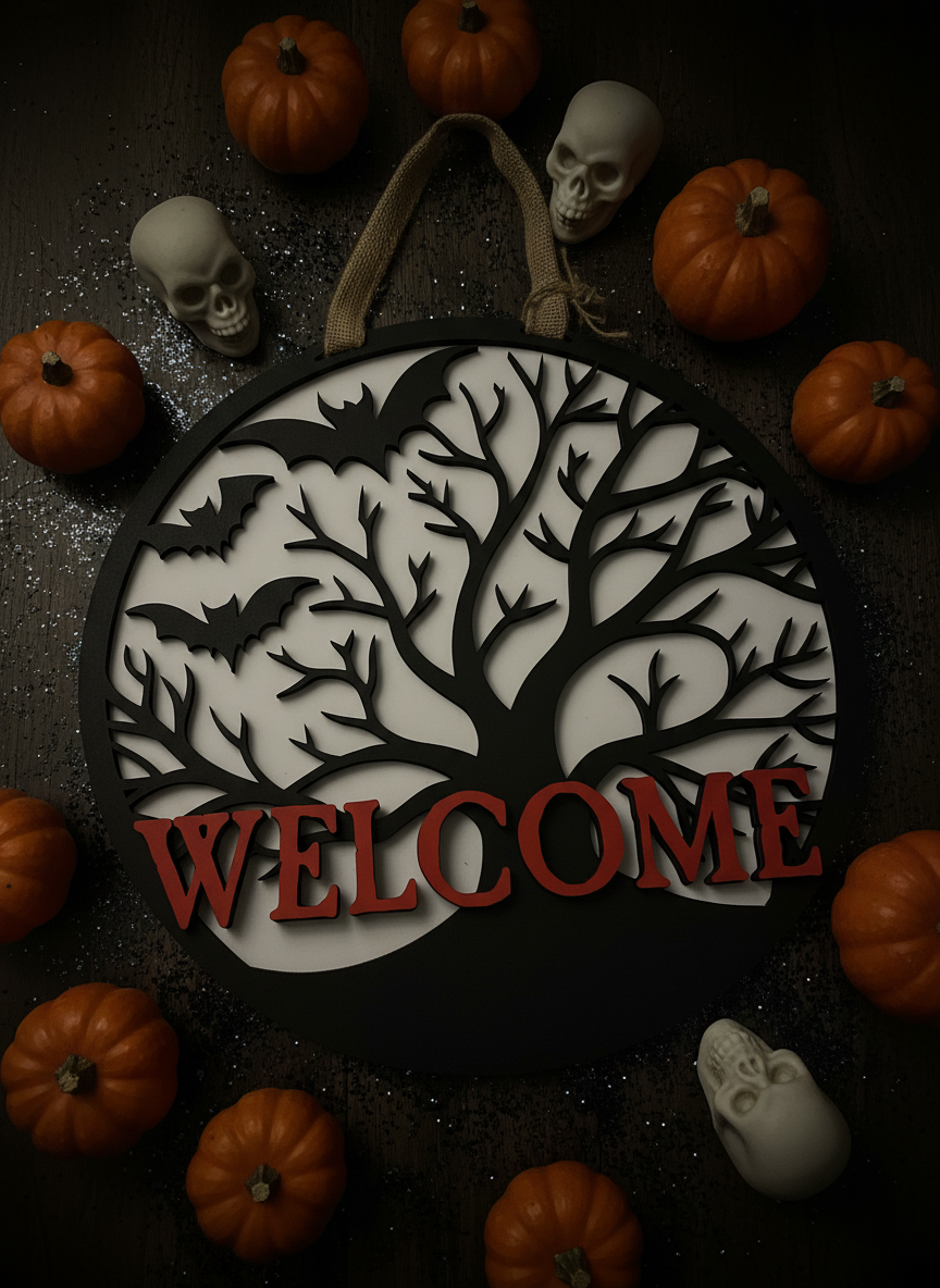 "Welcome" Spooky Tree and Bats Door Sign – Halloween & Gothic Home Decor