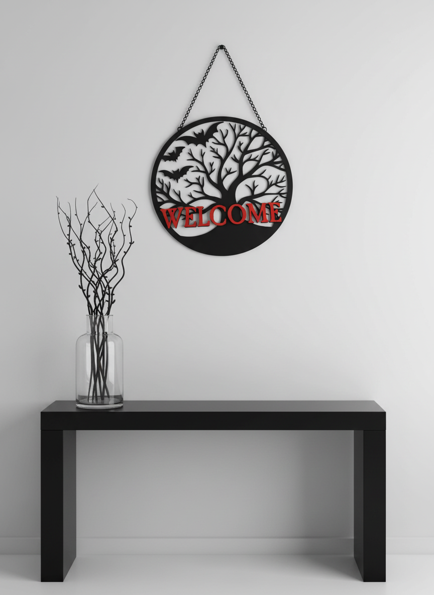 "Welcome" Spooky Tree and Bats Door Sign – Halloween & Gothic Home Decor
