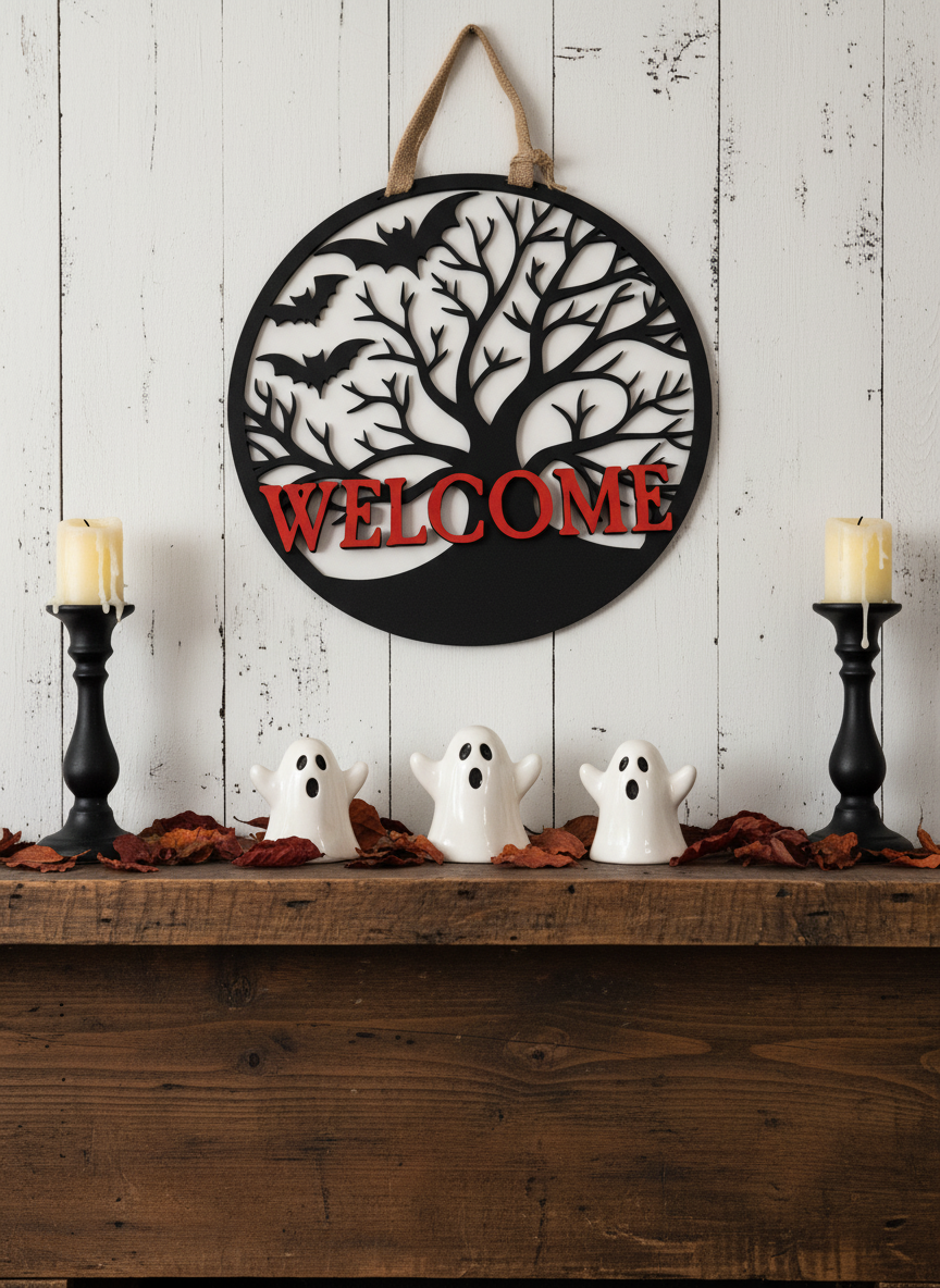 "Welcome" Spooky Tree and Bats Door Sign – Halloween & Gothic Home Decor