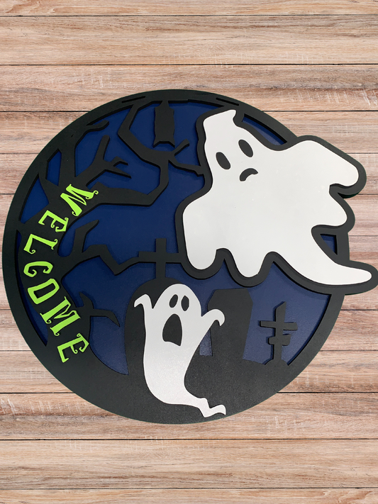 Spooky Tree and Ghost "Welcome" Door Sign